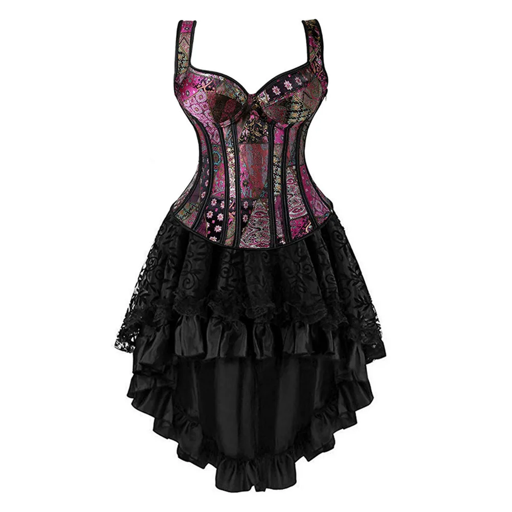 

Gothic Corset Dress Sexy Steampunk Corsets Vest with Lace Floral Skirt Sets Burlesque Shoulder Strap Corset Costumes Plus S-6XL