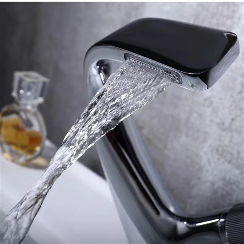 

Black Faucet Bathroom Sink Faucets Hot Cold Water Mixer Crane Deck Mounted Single Hole Bath Tap Chrome Finished