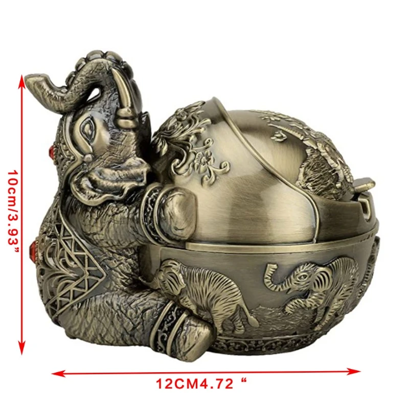 

50LB Vintage Elephant Decorative Windproof Ashtray with Lid Metal Portable Decorative