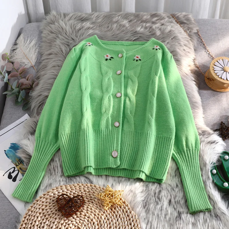 

Женский вязаный однобортный свитер с длинным рукавом и круглым вырезом, Повседневный Кардиган-пальто с цветочной вышивкой