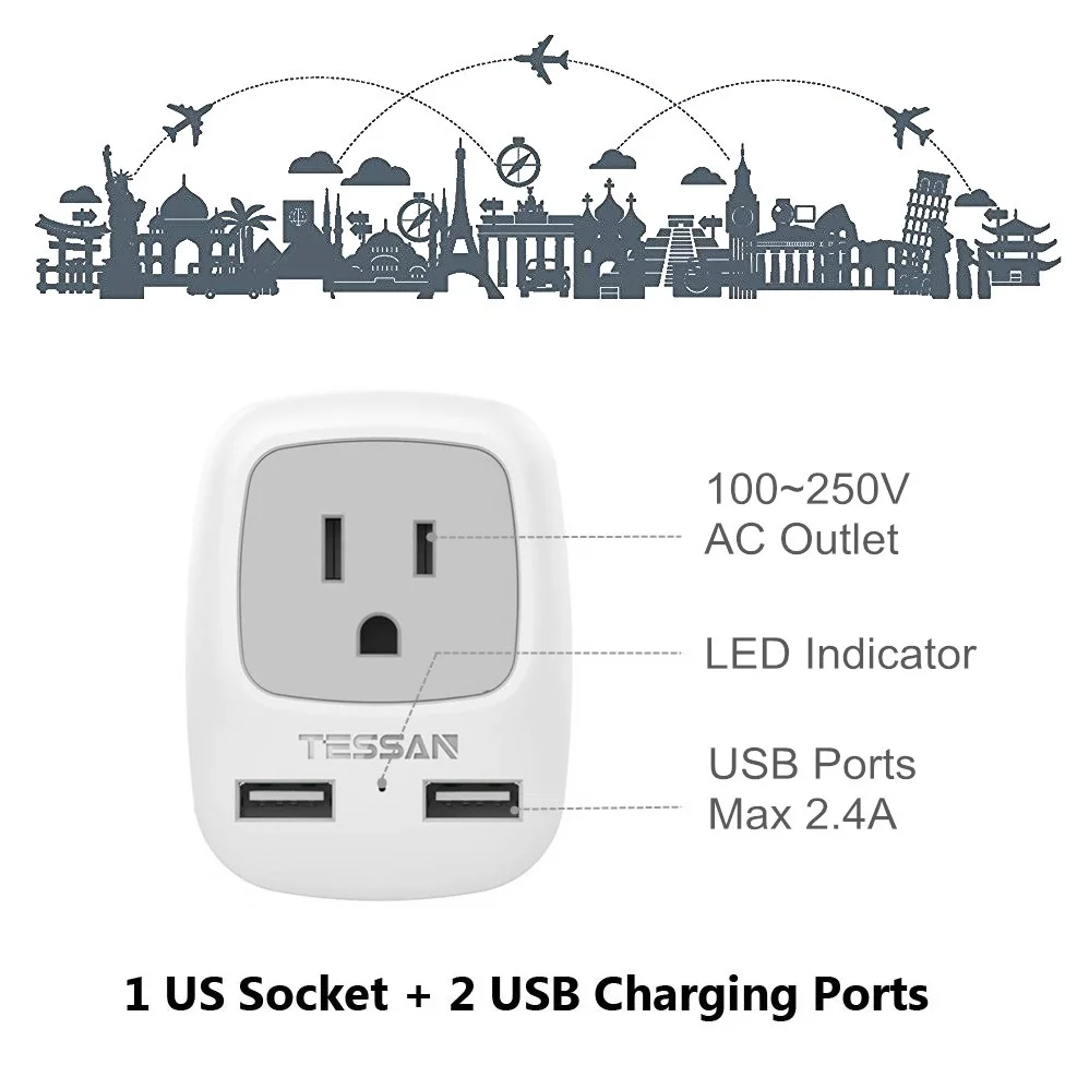 Мини адаптер с 2 портами USB для США в Австралию Китай Новая Зеландия