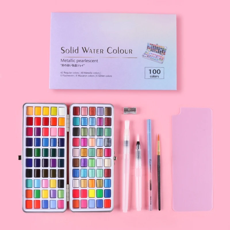 Caja de hojalata de nuevo estilo, conjunto de pintura de acuarela de Color s&oacute;lido perlado, 100 colores-4