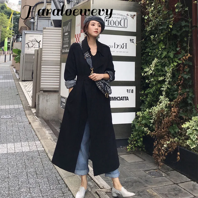 Женское длинное пальто с отложным воротником в стиле Харадзюку черный и бежевый