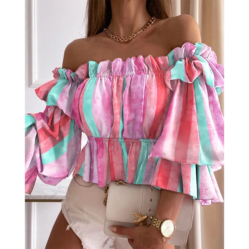 

Female printed polka dot T-shirt, striped top, new ladies fashion printed sexy one-shoulder ruffle sleeve shirt