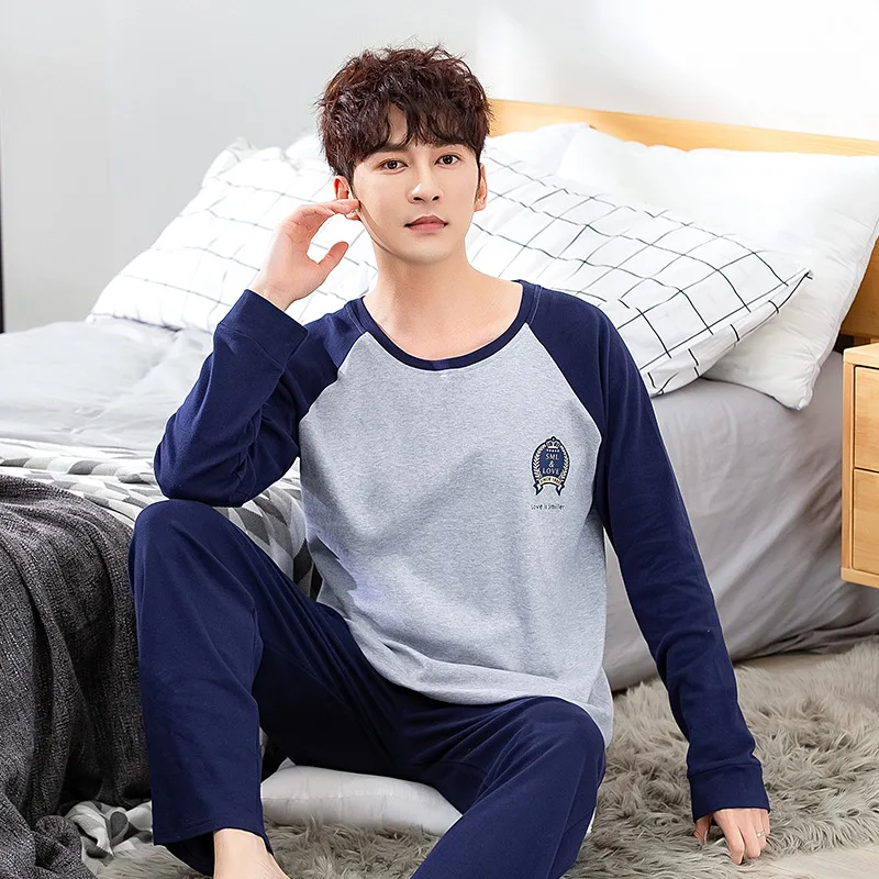 

Cotton Mens Pajamas Long Sleeves Thin Spring and Autumn Loose Leisure Leisure Tops Plus-sized Menswear Two Piece Suit