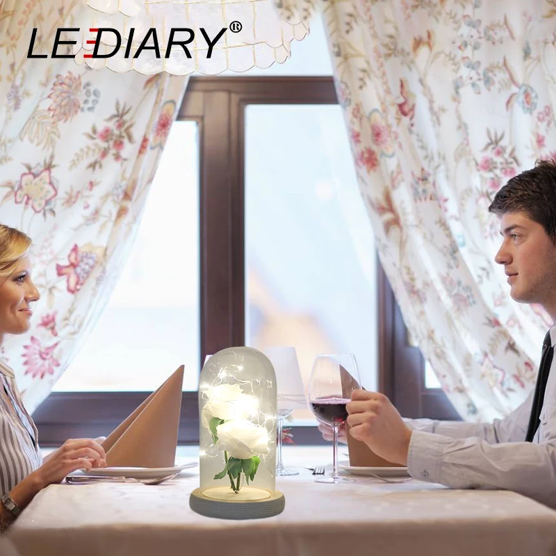 

LEDIARY Rose Glass Bottles LED String Night Light DIY Home Decor Wooden Base Table Lamp 2pcs Rose Flower Valentine's Day Gift