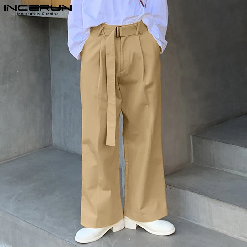 

Men Casual Pants Joggers Streetwear Baggy Wide Leg Straight Trousers With Belt 2021 Pockets Solid Color Pantalon S-5XL INCERUN