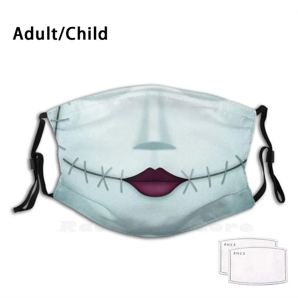 

Sally Stitched Smile Print Washable Filter Anti Dust Mouth Mask Halloween Pumpkin Smile Teeth Lips Blue White Patchwork Red