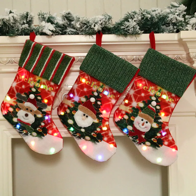 

Christmas Stocking Led Light Up Snowman Santa Elk Xmas Decorations 2022 New Year Christmas Stockings Socks Xmas Gifts Bag