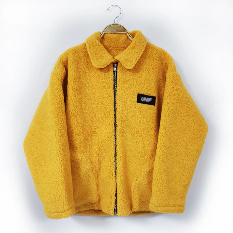 

Yellow Fleece Jacket With Zipper Pocket Long Sleeve Lapel Collar Warm Fleece Coat Winter e-girl Buzzer Jacket /