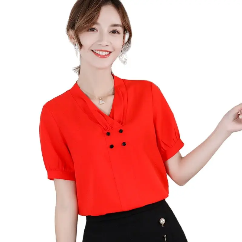 

Блузка женская шифоновая с V-образным вырезом, на пуговицах