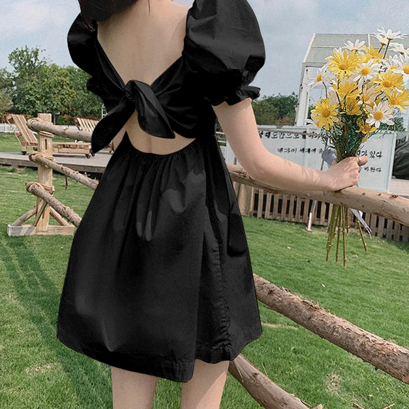 

Summer New Vintage Puff Sleeve Solid Color Short Kawaii Dress Y2k Elegant Ruffle Square Sleeve Slim Bow Dresses For Women 2021