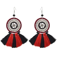 black red bohemian tassel drop earrings for women round compass indian tribe ethnic style retro hippie jewelry accessory