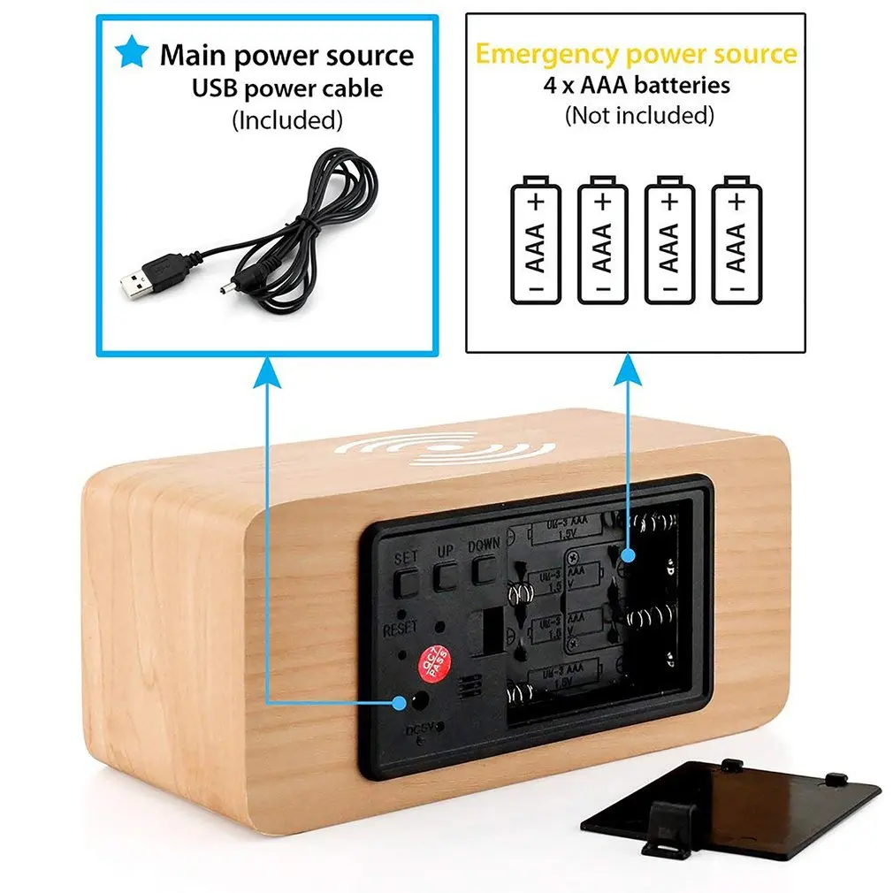 LED Digital Clock Wooden Alarm Table Voice Control Electronic Desktop With Wireless Charging | Дом и сад