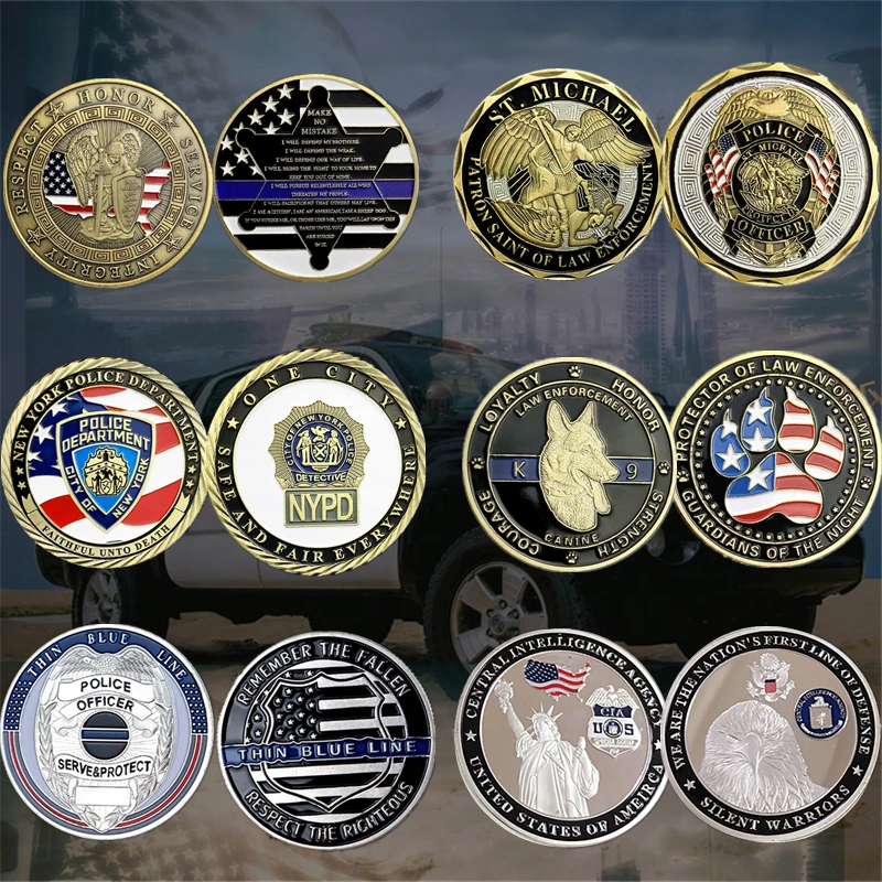 

US Law Enforcement Police Officers Thin Blue Line St. Michael Challenge Coin Set Commemorative Gift Collectibles Collection 6pcs