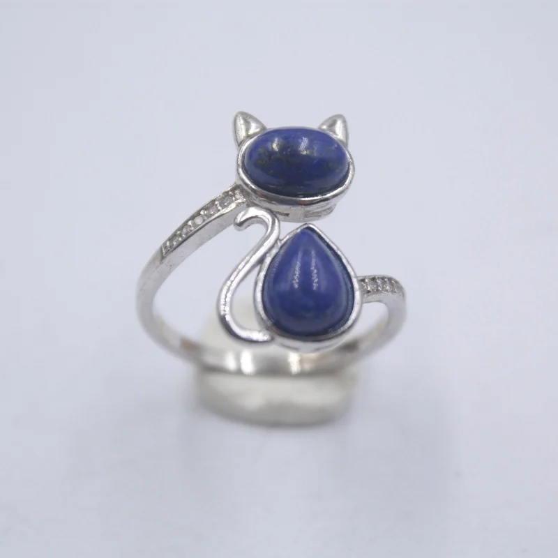 

Fine Jewelry Sterling S925 Silver Women Ring Lapis Lazuli Lovely Cat Ring US6-7 19mmL