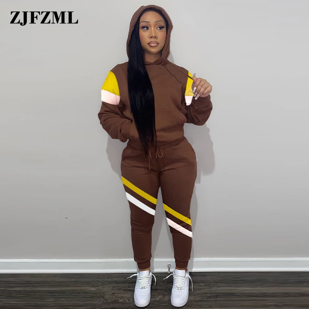 

Color Block Patchwork 2 Piece Set Women Spring Hooded Full Sleeve Pocket Hoodie and Casual Female Jogger Pants Matching Outfits
