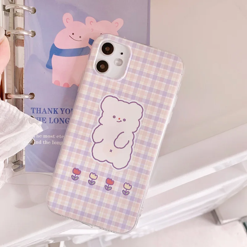

Fashion Cute Purple Plaid Bear Case For iPhone 12 Pro 12 Mini 11 Pro Max SE 2020 7 8 7Plus 8Plus XR X XS MAX