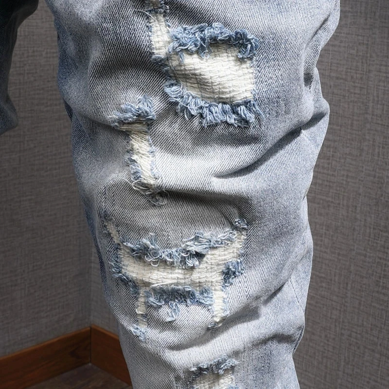 European American Street Fashion Men Jeans Retro Light Blue Slim Fit Ripped Jeans Men Korean Style Destroyed Denim Pencil Pants