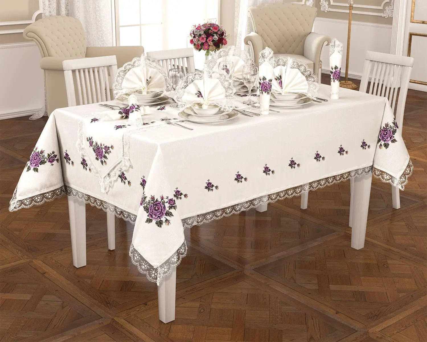 

Cross stitch Printed Laced Table Cover Set 18 Piece Lilac