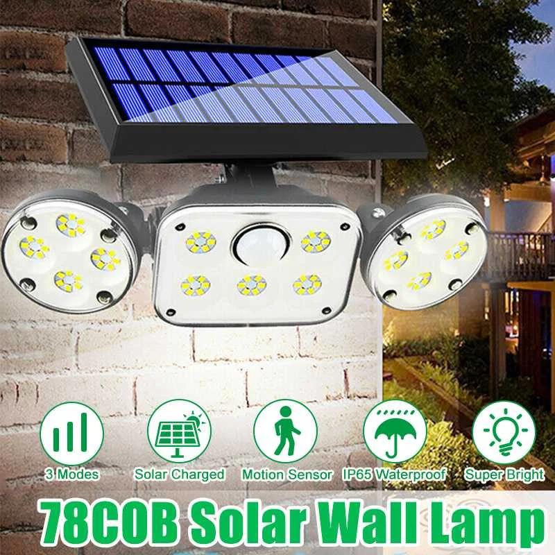

Настенный светильник на солнечной батарее, 78 светодиодов, 3 головки, вращающийся датчик движения, лампа для наружного двора, сада, дороги, кр...