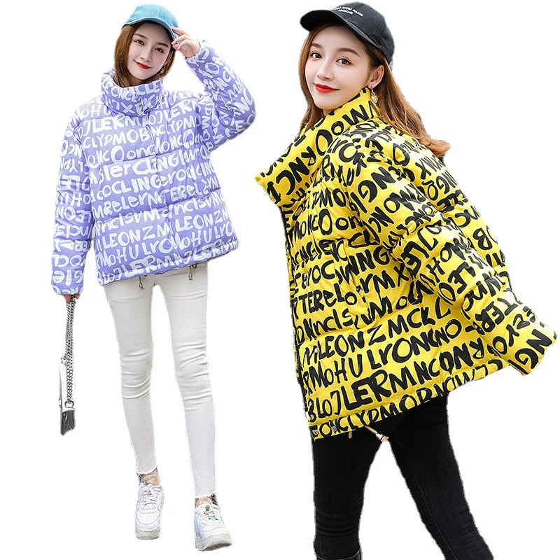 

2021 New Winter Jacket Parkas Women Glossy Printing Down Cotton Jacket Hooded Parka Warm Female CoatCotton Padded Jacket Outwear