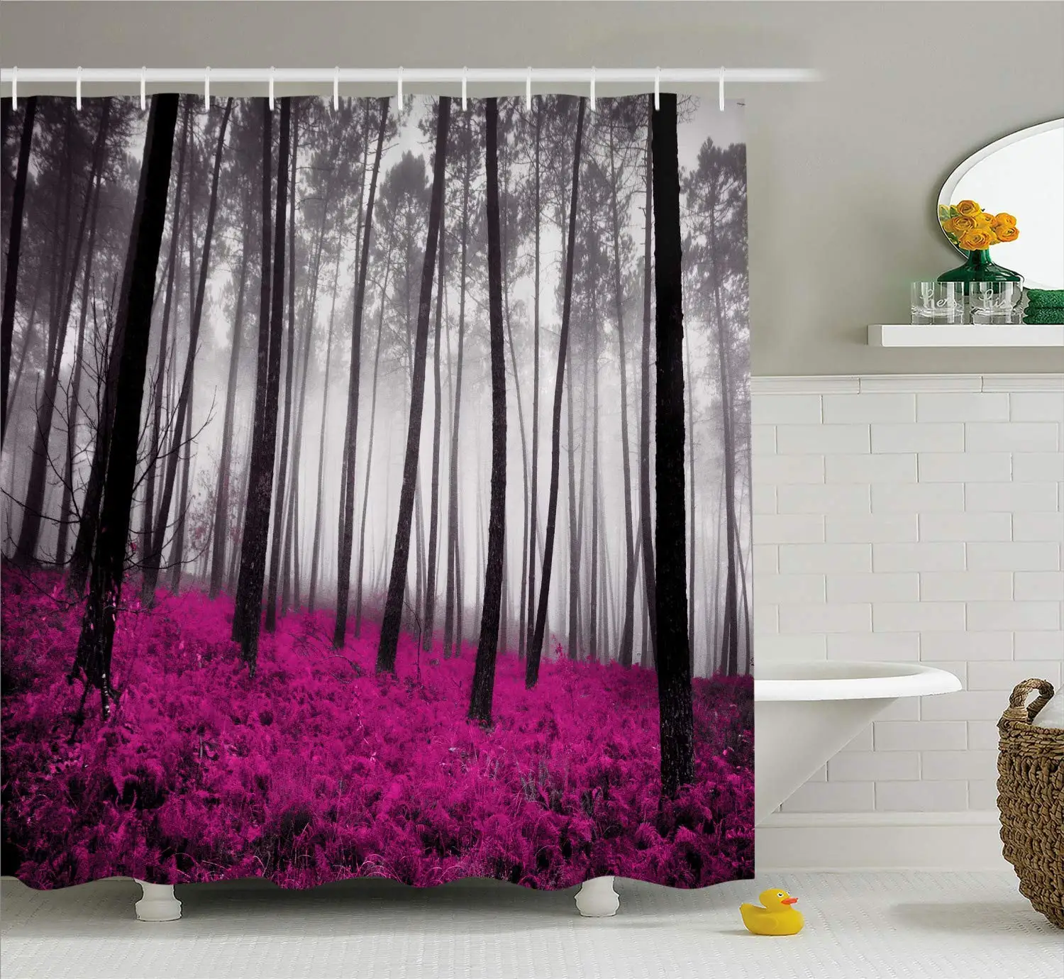 

Forest Shower Curtain Mystical Fantasy Woodland Under Heavy Fog Tall Trees Bushes Contrast Colors Bathroom Decor