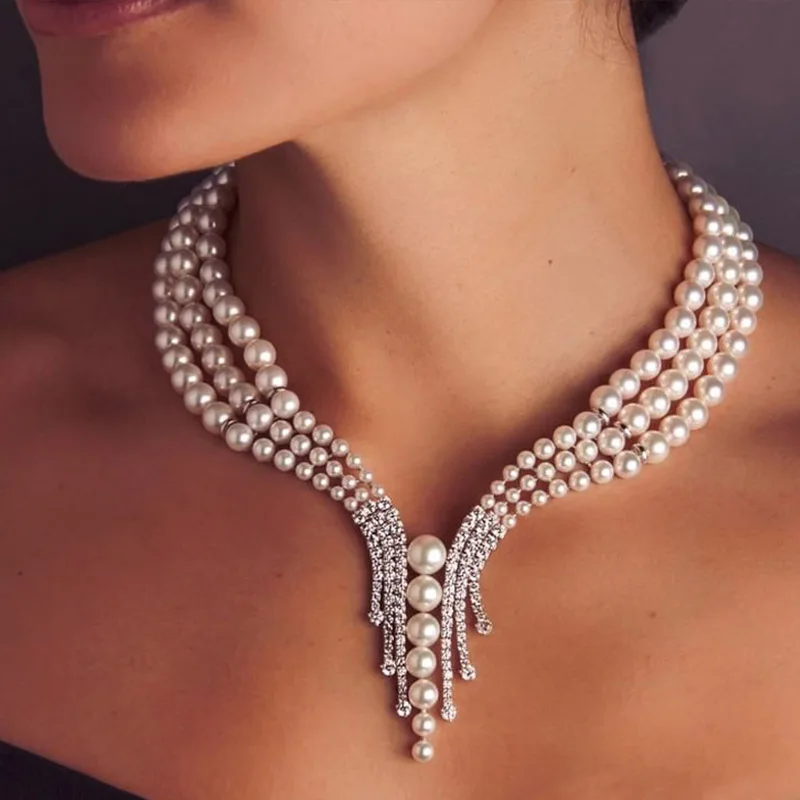 

Luxury New Fashion Crystal Micro Pave Setting 3 Layer Pearl Chains Necklaces for Women Wedding Party Accessories Jewellery