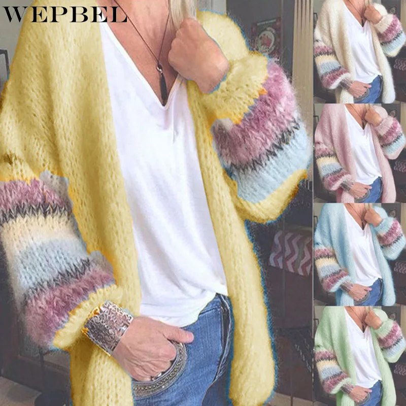 

WEPBEL Coat Sweater Women's Casual Striped Long Sleeve Cardigan Jacket Autumn Fashion Loose V-neck Knitted Sweater