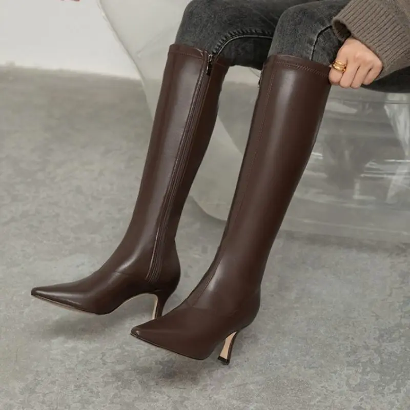 

RIZABINA Women High Heel Winter Shoes Zipper Strange Heel Woman Knee Boot Pointed Toe Daily Footwear Size 34-40