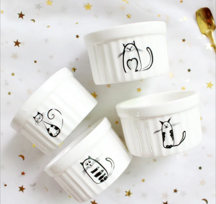 

Cute Cat Creative Ceramic Striped Cup Baking Heat-resistant Souffle Baking Bowl Pudding Dessert Cup Bowl
