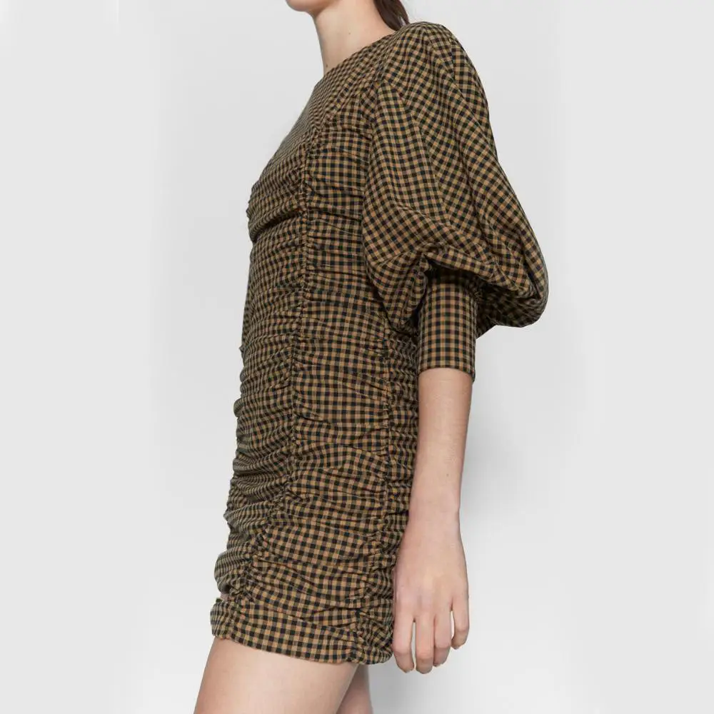 Женское мини платье с принтом ZA весеннее плиссированное длинным рукавом и