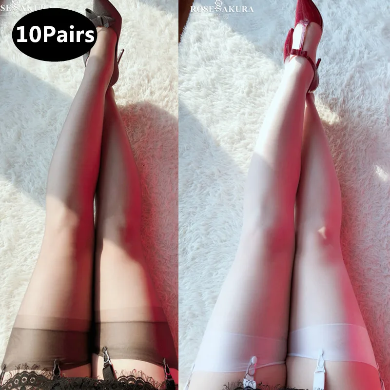 10Pairs Ultrathin 5D Nylon No Elastic Sexy Womens Thigh High Stockings Vintage Long Over Knee socks Transparent Medias 0101