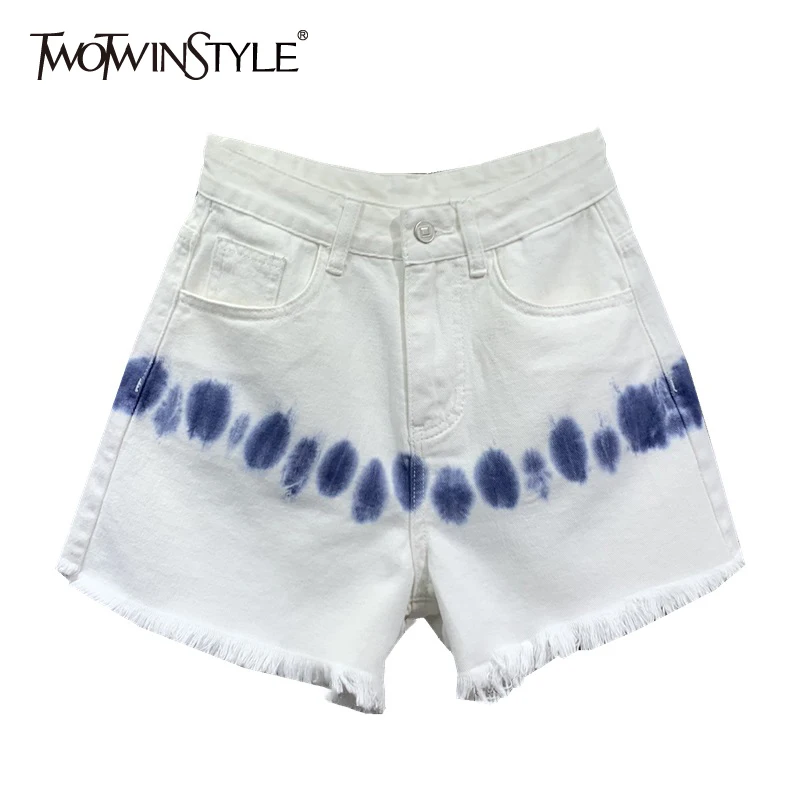 

TWOTWINSTYLE Casual White Denim Short For Women High Waist Hit Color Patchwork Tassel Korean Loose Shorts Females Summer Fashion