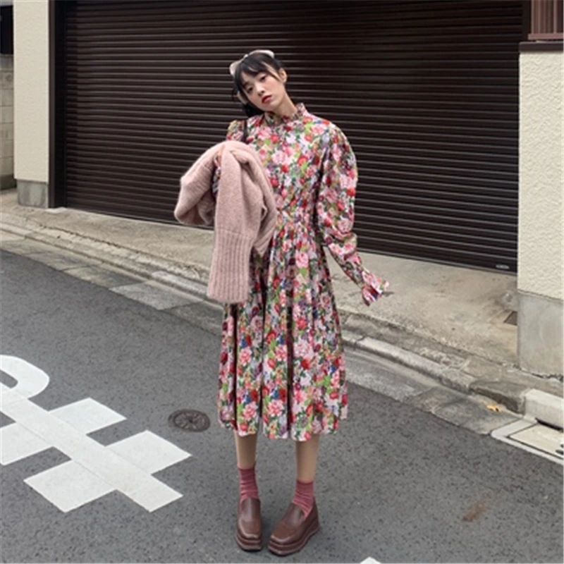 

New Retro Colorful Half High Collar Dress Women Spring Fall Casual Sweet Floral Print Puff Sleeve Elastic Waist Dresses For Lady