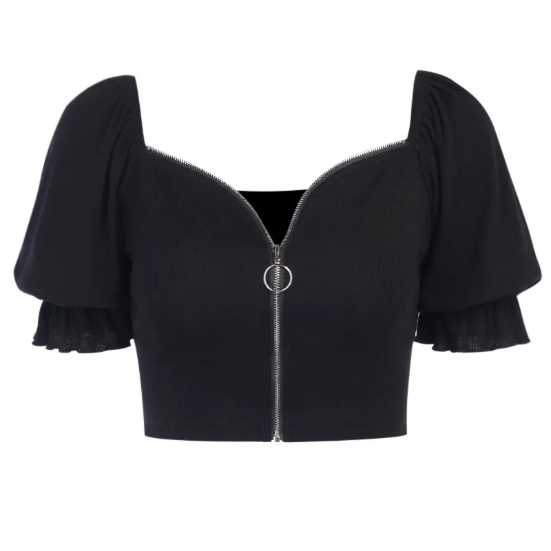 

Summer Solid Color Short Sleeve T Shirt Women Bell Sleeve Zip Top