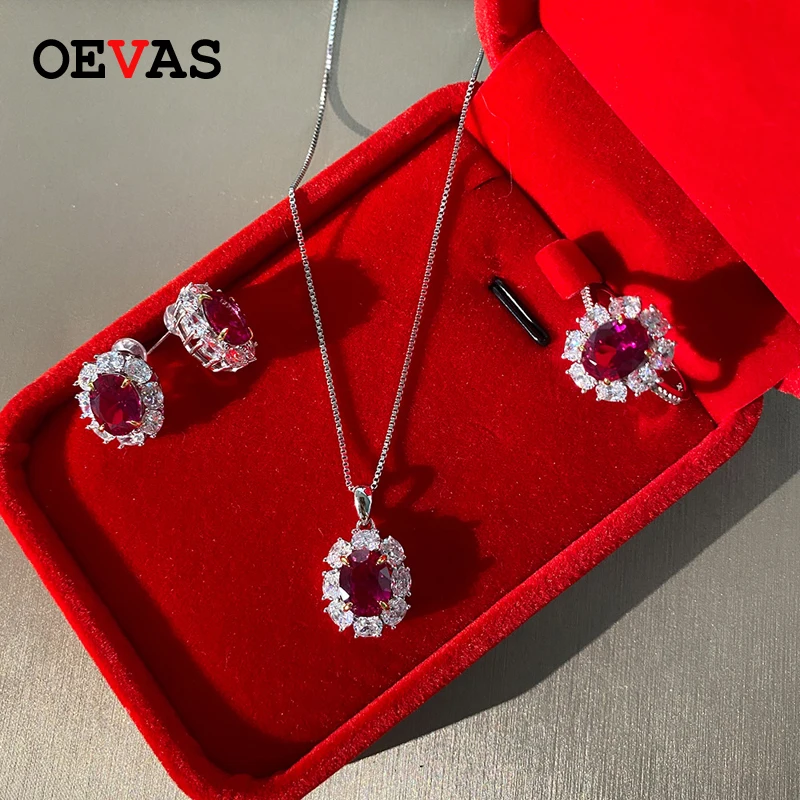 

OEVAS 925 Sterling Silver Created Moissanite Ruby Gemstone Earrings/Necklace/Ring Wedding Engagement Fine Jewelry Sets Wholesale