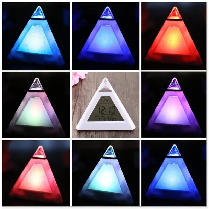 

2021 New Creative Led Pyramid Alarm Clock Changeable Backlight Colors Temperature Alarm Led Display Clock Time Date 7 Chang L3Z9