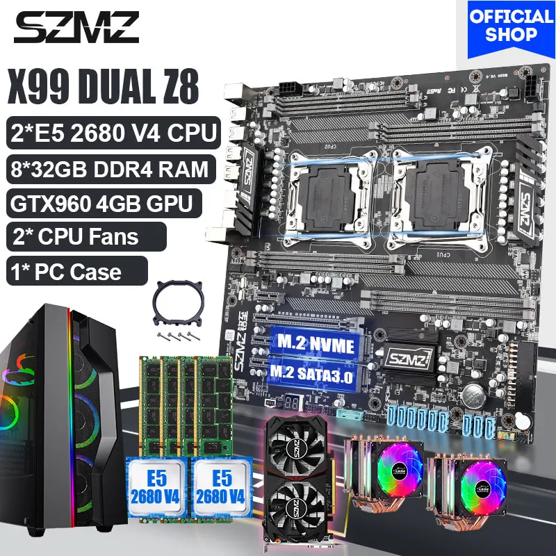 

SZMZ X99 DUAL Motherboard All In One Combo with 2 Pcs Xeon E5 2680 V4 CPU 8*16GB DDR4 RAM GTX 960 GPU 2 Fans 1 Case X99 Kit