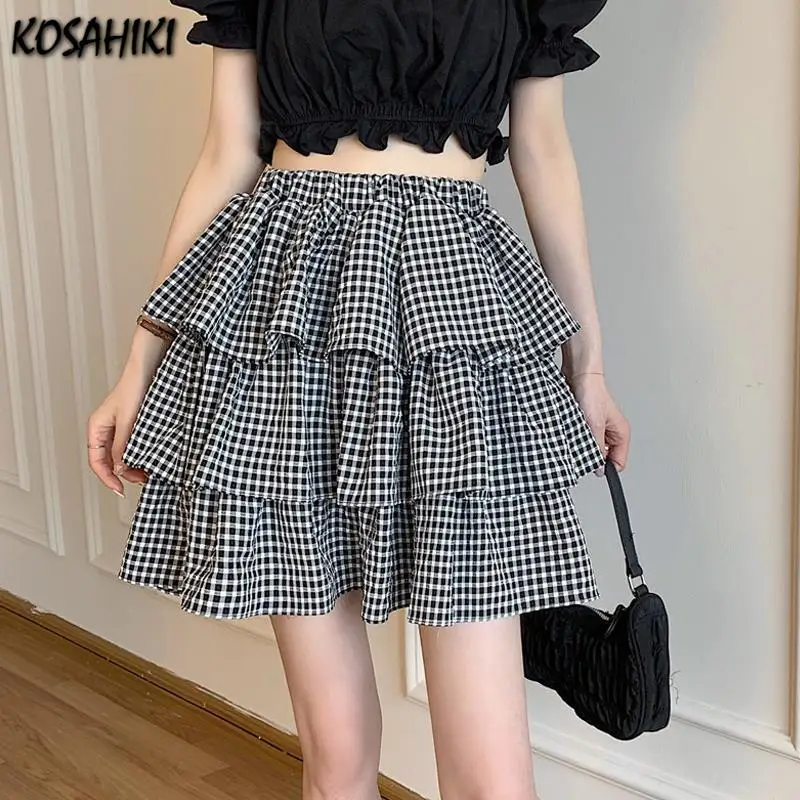KOSAHIKI Готическая Лолита юбка женская летняя обувь 2021 с высокой талией клетчатая