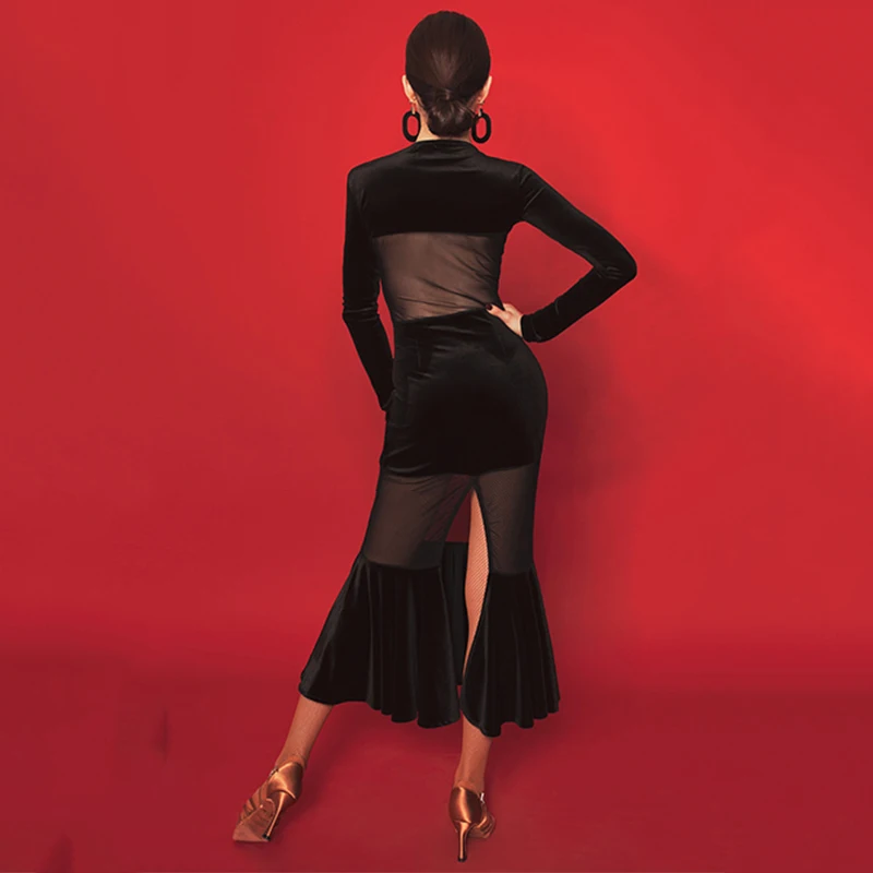

Latin Dance Dress Women Tango Salsa Cha Cha Samba Rumba Long Sleeve Sexy Black Mesh Competition Performance Clothing DNV12733