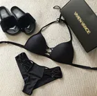 Сексуальный комплект бикини на бретелях 2019, купальник с лямкой на шее, купальный костюм с открытой спиной, однотонное черное бикини, Бразильское бикини, купальник пуш-ап для женщин