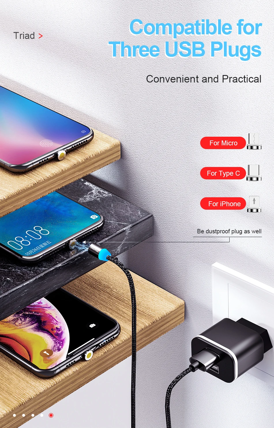 Кабель USB Type C Lightning/USB A быстрой зарядки Marjay 2.4A магнитный 5 цветов|Кабели для
