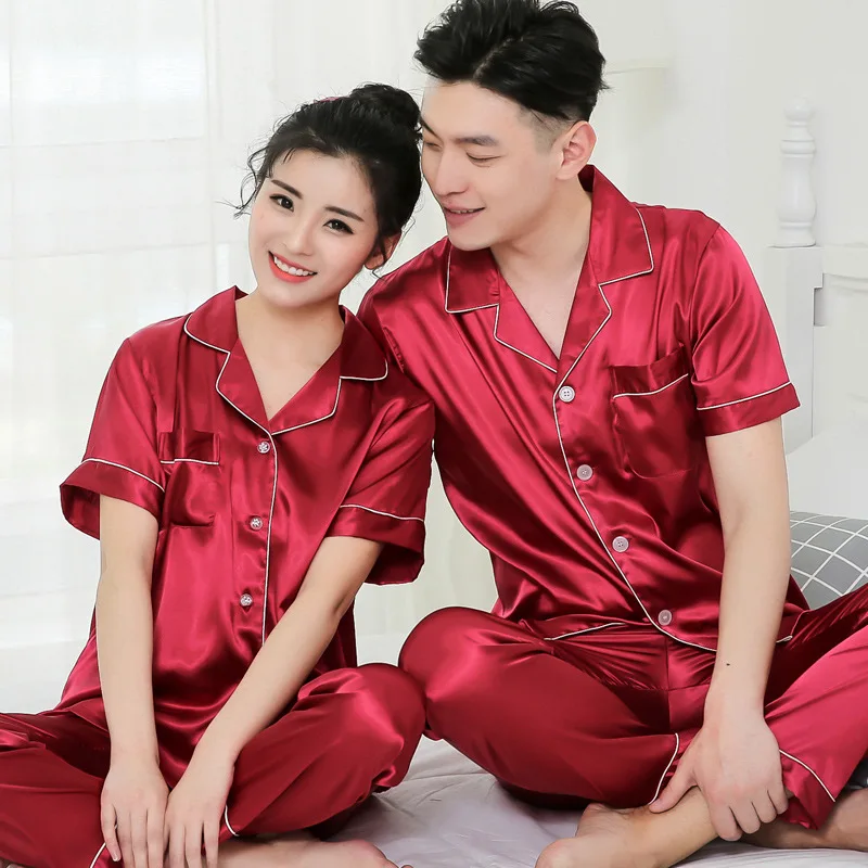 

Набор шелковых пижам для пар, Классическая однотонная ночная рубашка для мужчин, брюки с коротким рукавом, ночная рубашка