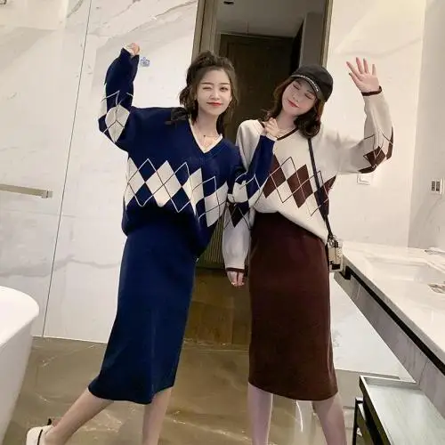 

Women Outfits Geometry Pattern Sweater Jumpers Tracksuit Women Skirt Set Woman Autumn Winter Knit Pullover Skirt Suits Dr824