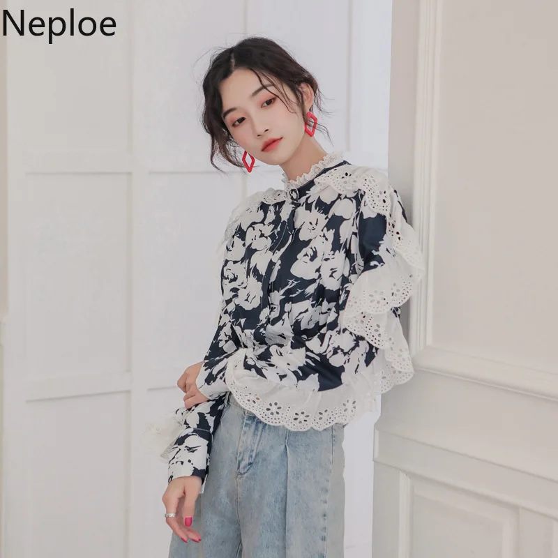 Neploe корейский стиль Instagram кружевная Лоскутная Блузка с воротником стойкой и