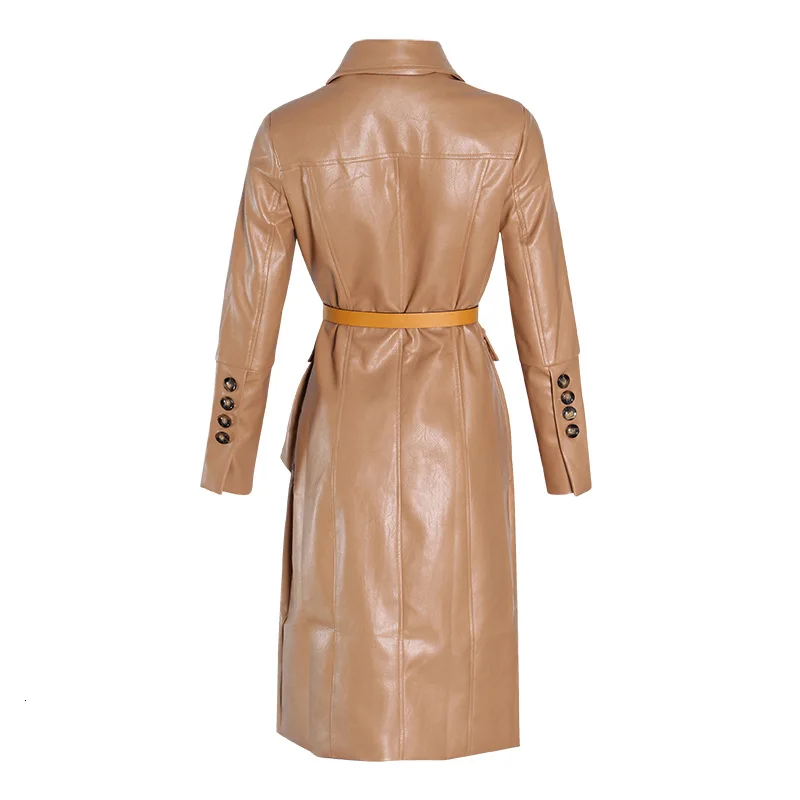 

TVVOVVIN autumn 2020 new and winter turn-down collar full sleeves single breasted kahki color PU leather windbreaker C7E7