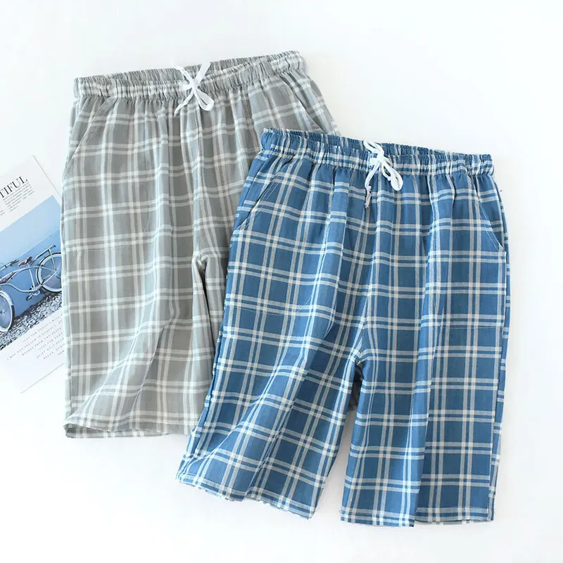 Fdfklak cotton Pyjama Trousers Mens Blue/Gray Plaid Sleep Bottoms Summer Comfort Sleep Bottom Mens Pajama Sleepwear Pants