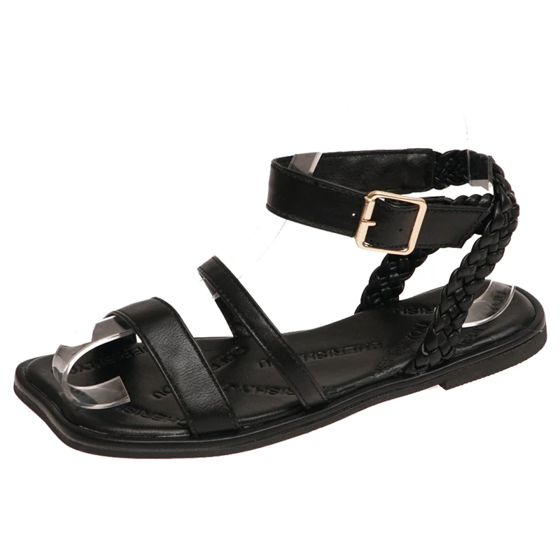 

2021 Summer Flats Sandals New Buckle Female Leisure Students Flat Solid Color Casual Roman Shoes Gladaitor Sandalias Black Slide