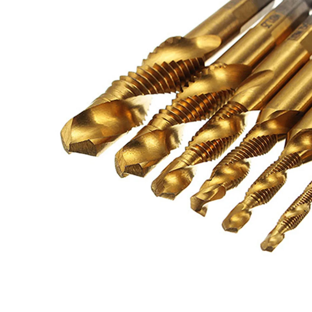 

6pcs Metric Hex Shank High Hardness Spiral Solid Drill Bits Thread Tap Set Plug Self-Centering HSS M8 M10 Tool